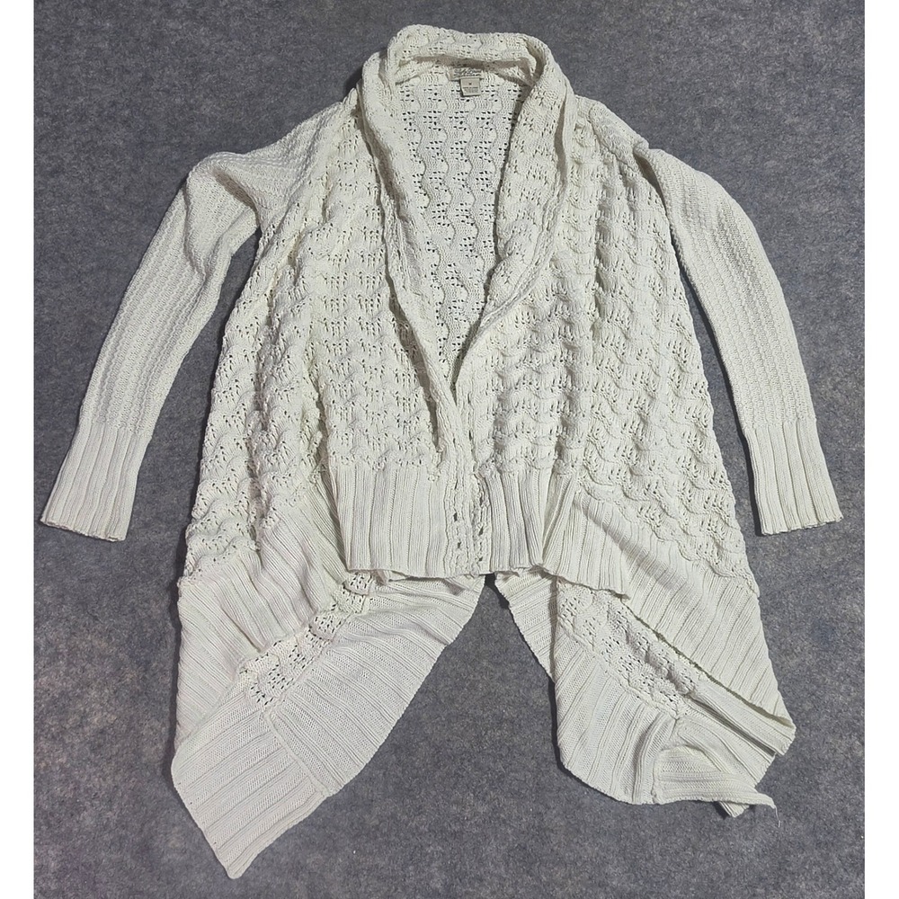 Lucky Brand Womens Ivory Pointelle Knit Open Front Waterfall Cardigan Sweater M